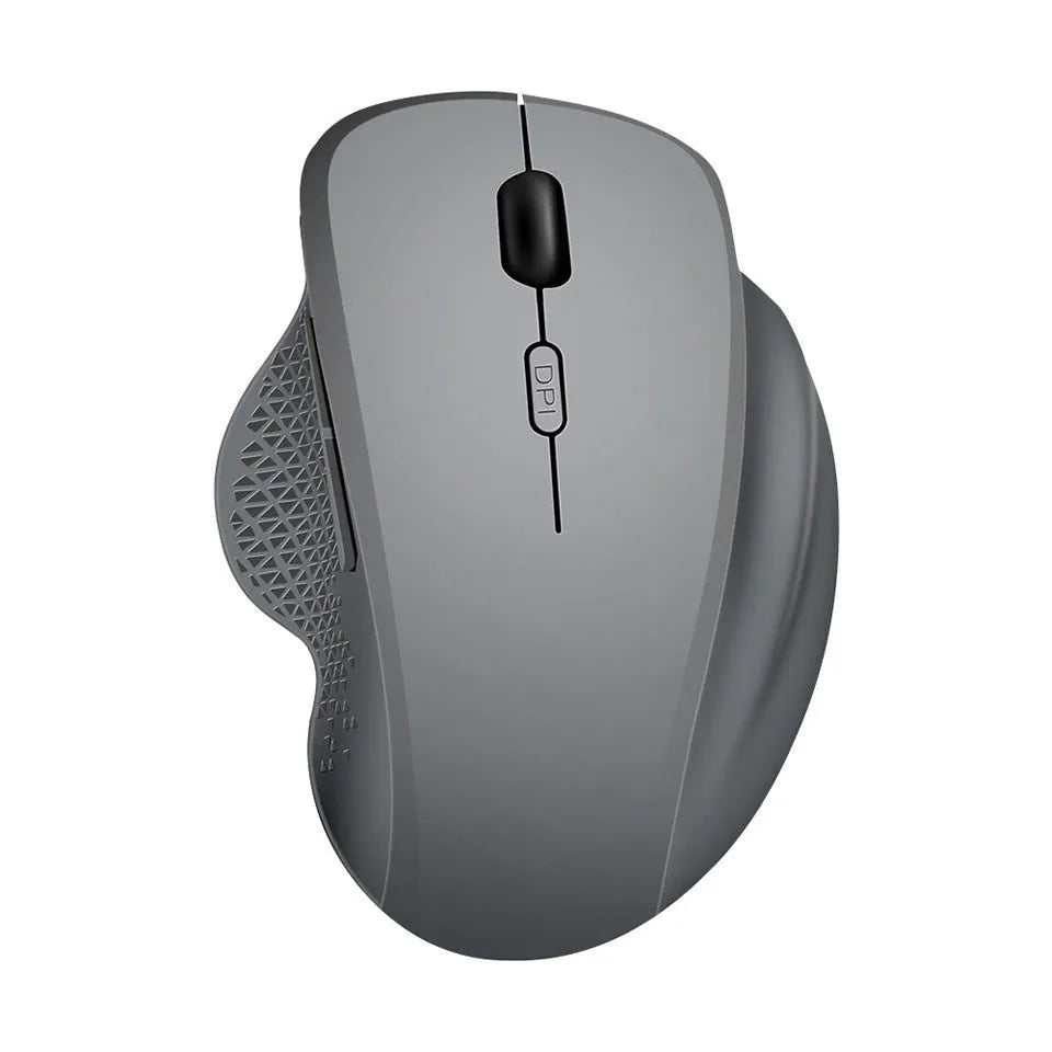 Grey wireless optical mouse for laptops with USB charging cable on white background