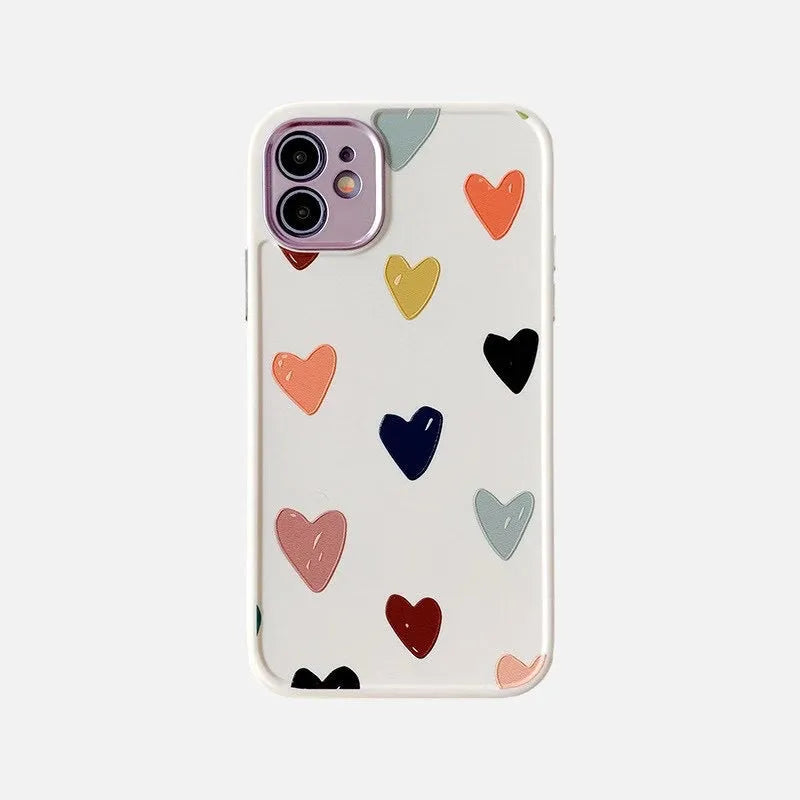 Heart electroplated lens iPhone case with painted Nordic design, TPU back cover, multiple coloured loving heart pattern