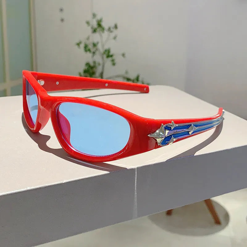 Special-shaped black frame sunglasses with blue polycarbonate lenses for outdoor sports.