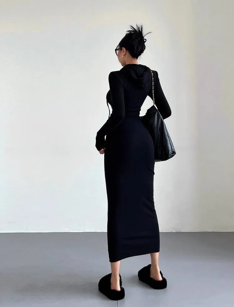 Women's grey hooded sheath dress with long sleeves and knee-length high-waist design