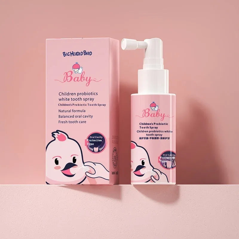 Children's probiotic oral spray bottle in strawberry and orange flavours for teeth cleaning