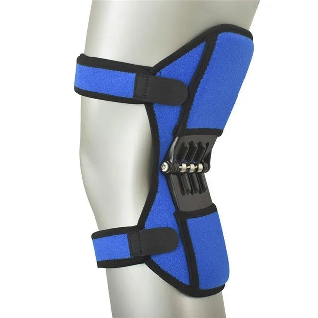 Black adjustable knee brace with patella support and visible booster spring mechanism for sports.