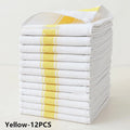 Pack of 12 striped polyester cotton dish towels showing colour options of black, blue, brown, yellow, and assorted.