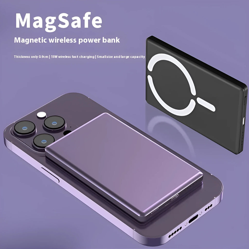 Ultra-thin 9mm magnetic power bank in alloy shell showing four colour options