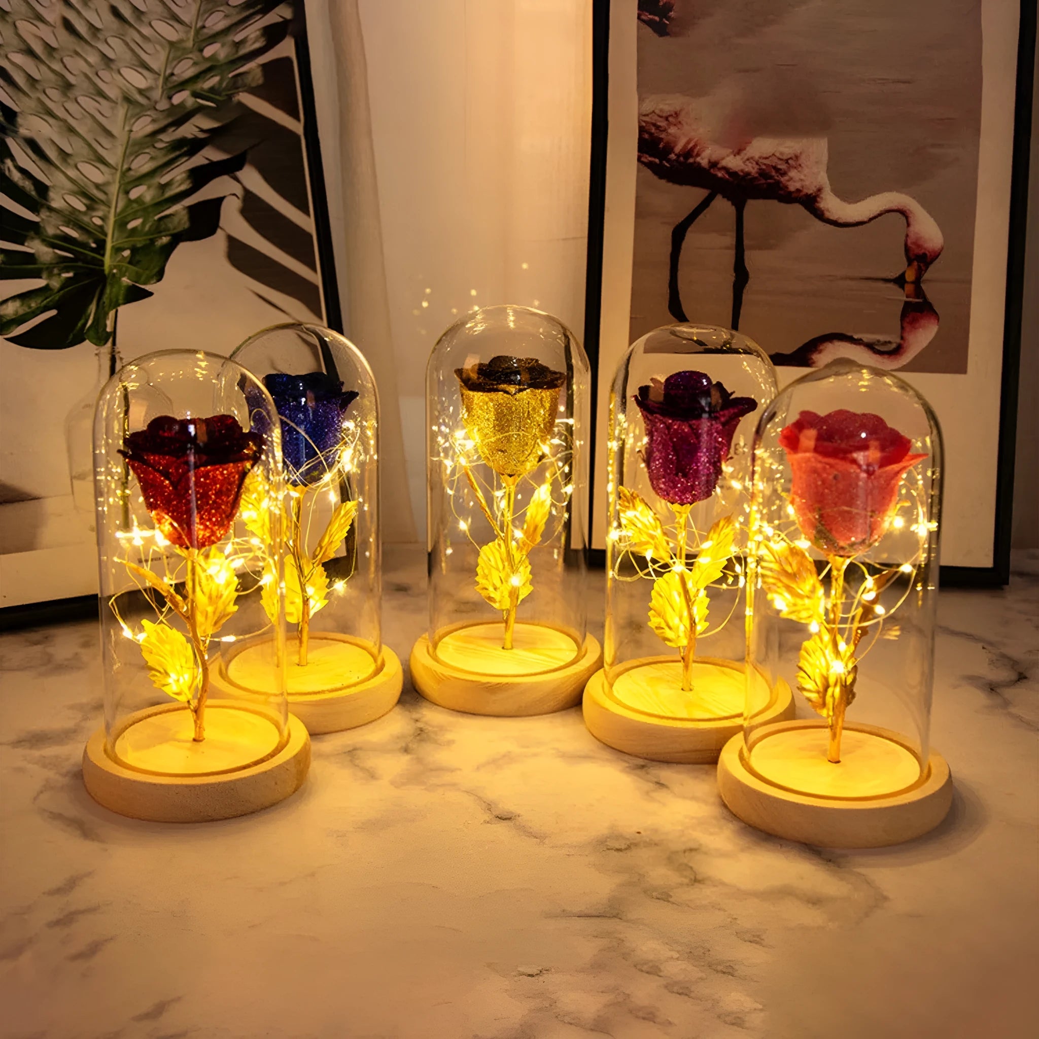 Eternal rose with LED light in glass cover, six colour options available, handmade copper wire.