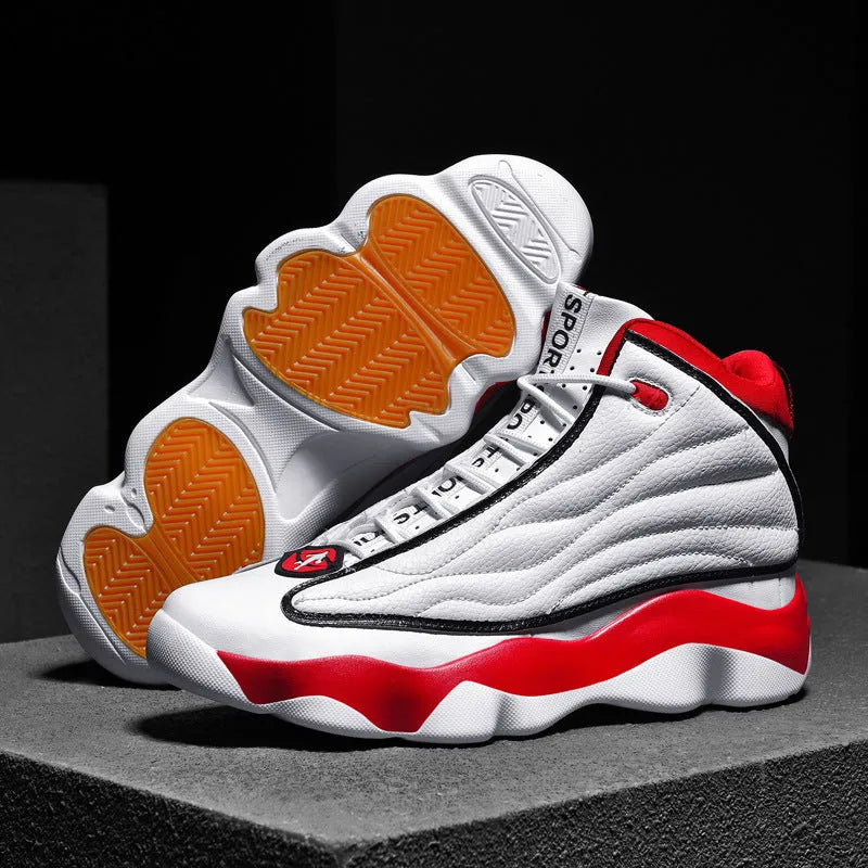 High-top basketball shoes in AJ13 colours with thick rubber sole and mesh upper