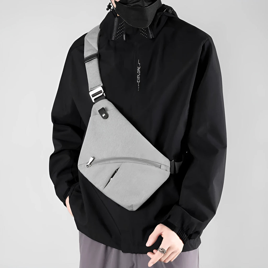 Men's Oxford cloth shoulder chest bag in black or grey with urban style and letter detailing