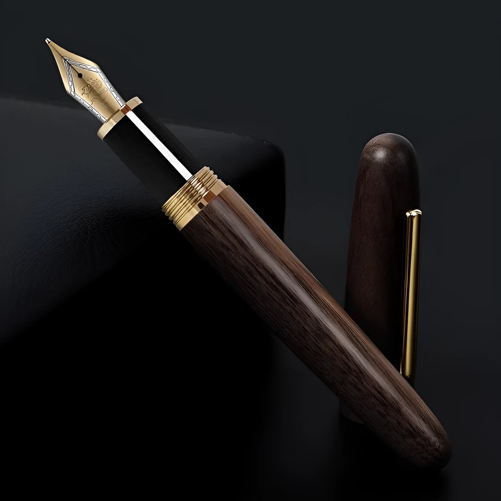 Wooden pen with rotating cap showing seven wood options and four nib types for business writing