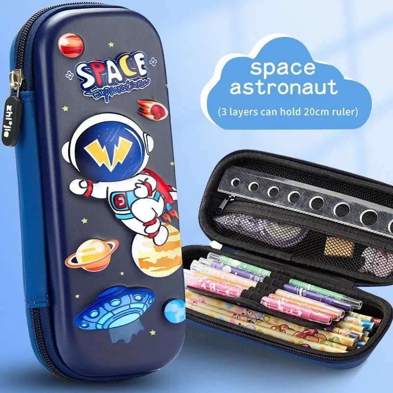 3D leather pencil case with embossed spaceship design organising pens and pencils