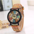 Women's vintage style leather strap quartz watch with 37mm round dial and stainless steel buckle