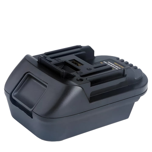 Black battery adapter connecting Milwaukee DM18M tools to Makita H99F batteries