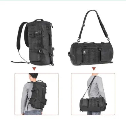 Black polyester cylinder fishing tackle backpack with dual-shoulder straps, 23-litre capacity