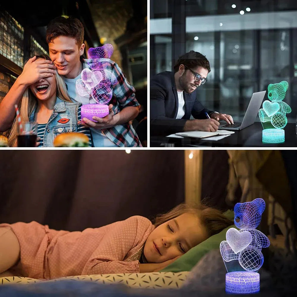3D teddy bear LED night light with acrylic panel, USB or battery power, touch and remote control, 16 colours