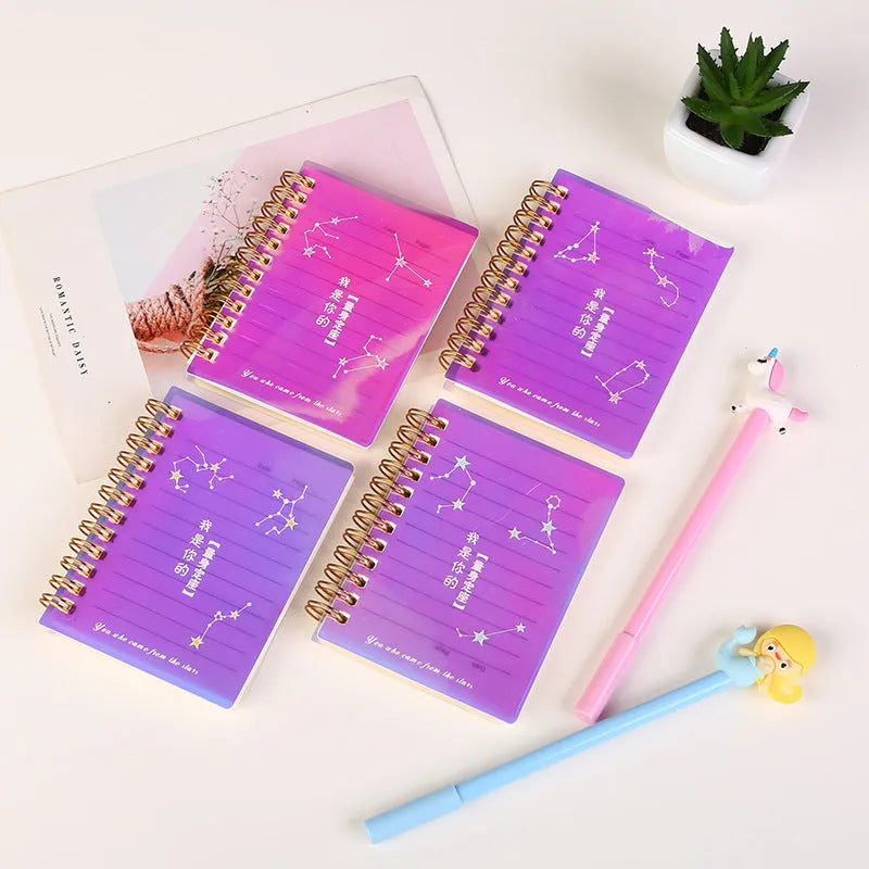 A7 spiral notebook with PP cover showing constellation design, spiral binding, and open page with square inner core