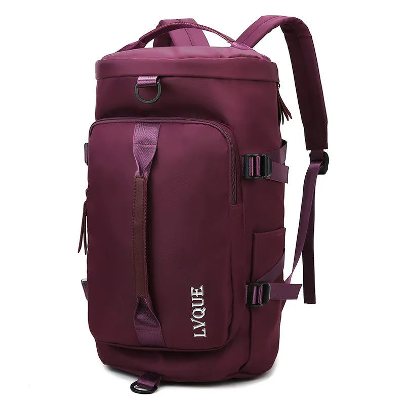 Waterproof nylon gym backpack showing shoe compartment, multiple pockets, and combination lock in blue colour
