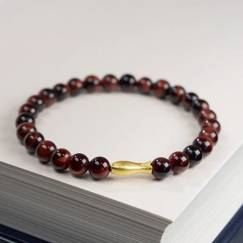 Tigereye small fish pendant handmade beaded bracelet with natural stone beads in 6mm size