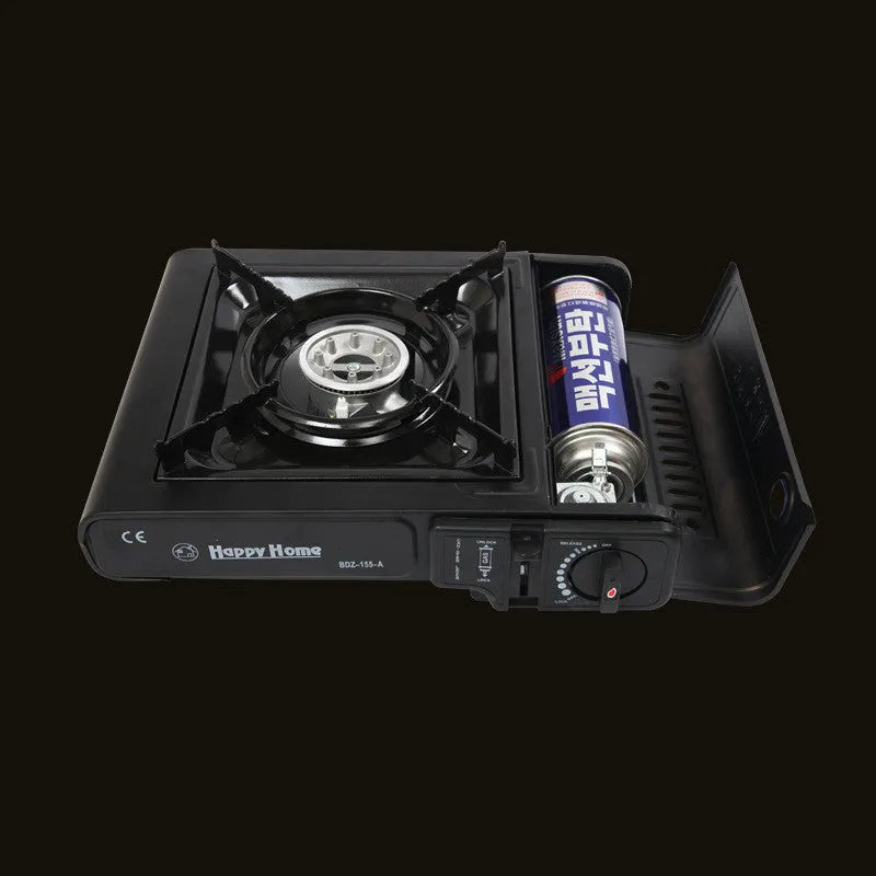 Black portable cassette stove 340x280x115mm with electronic ignition for camping, BBQ and hot pot cooking