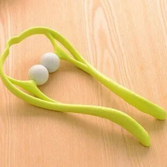 Blue plastic handheld neck and shoulder massager with adjustable stand and removable soft head on a white background.