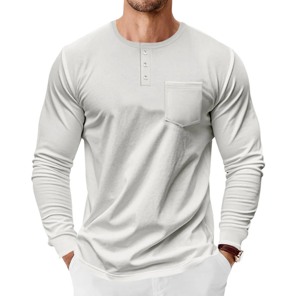 Men's spring autumn long sleeve Henley shirt slim fit pullover polyester available in 7 colours including khaki and denim blue