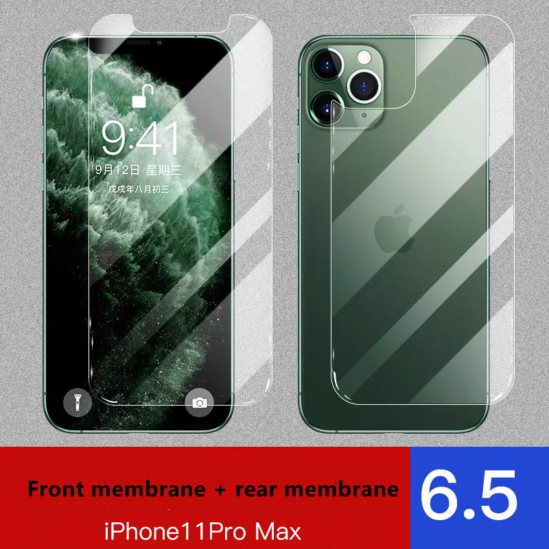 Tempered glass screen and rear protector film for Apple iPhone models on a table.