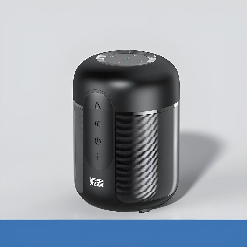 Black portable Bluetooth speaker with plastic cabinet, measuring 72mm by 99mm