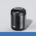 Black portable Bluetooth speaker with plastic cabinet, measuring 72mm by 99mm