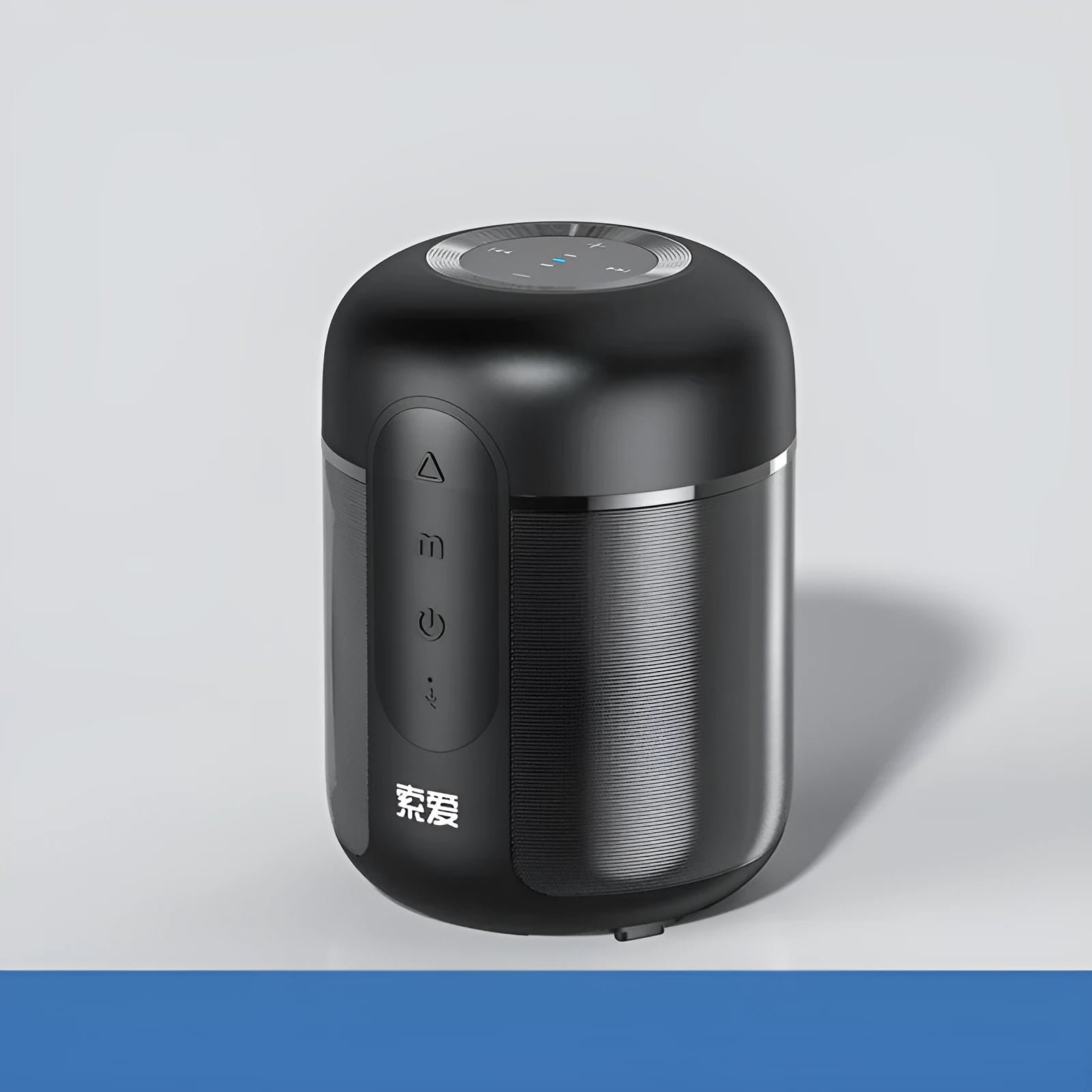 Black portable Bluetooth speaker with plastic cabinet, measuring 72mm by 99mm
