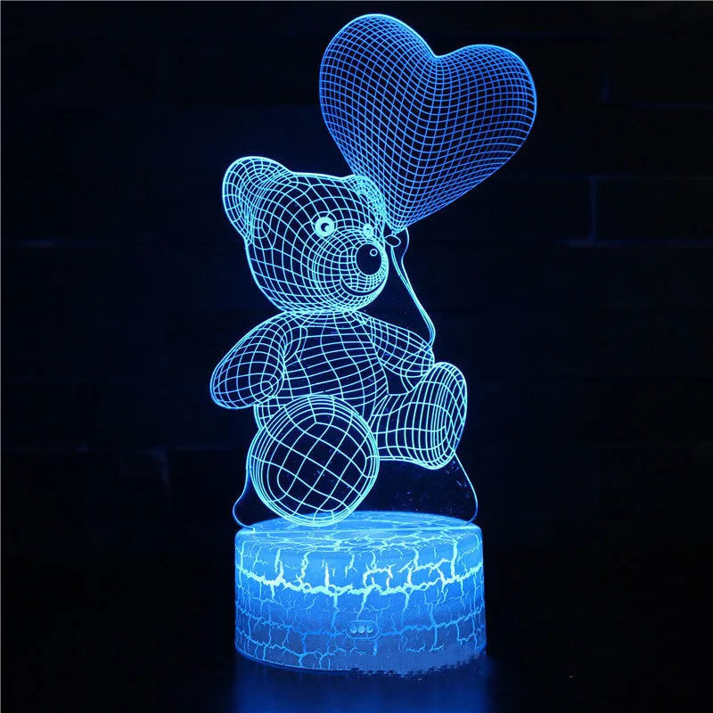 3D teddy bear LED night light with acrylic panel, USB or battery power, touch and remote control, 16 colours