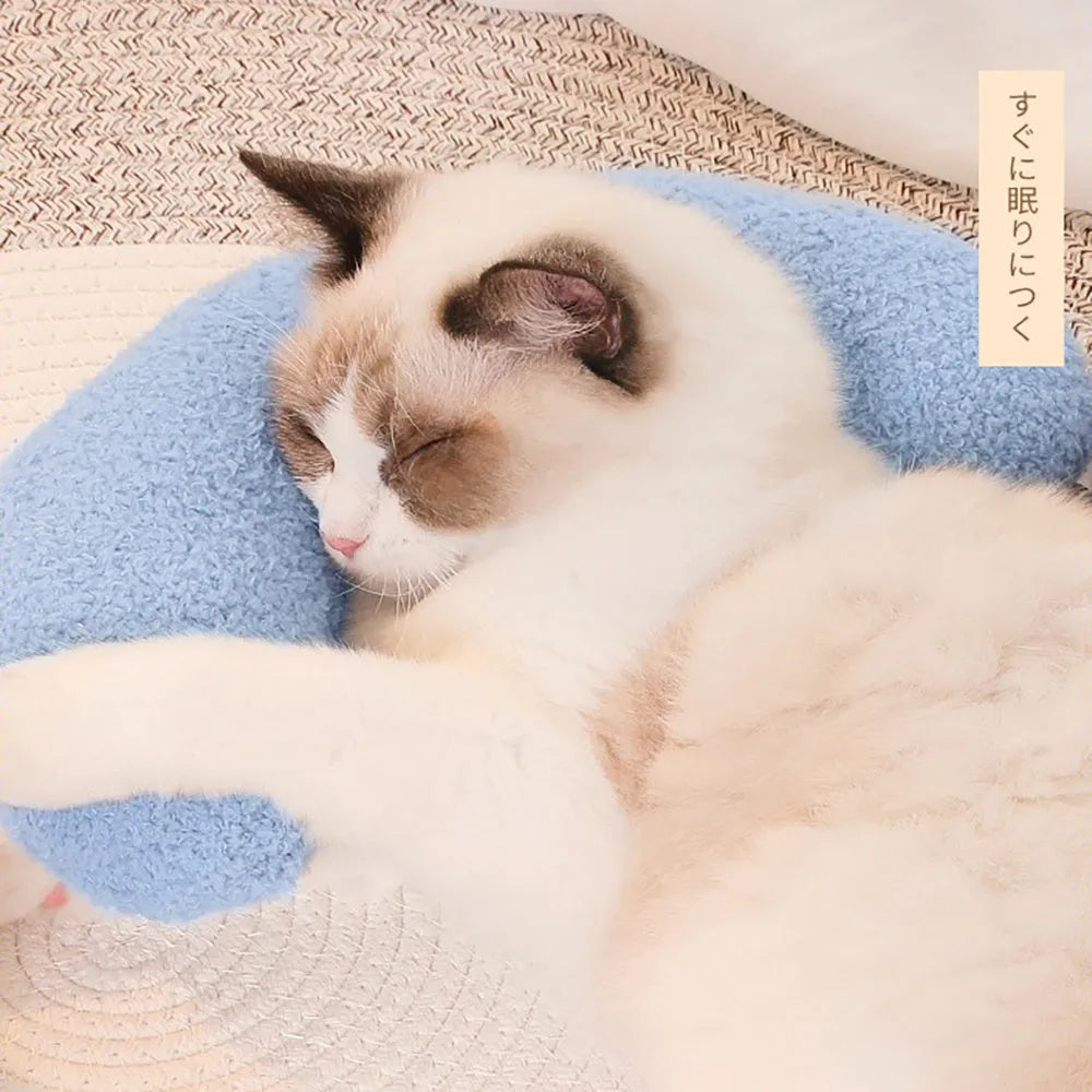 U-shaped blue cat pillow with adjustable fabric collar for pet cervical support