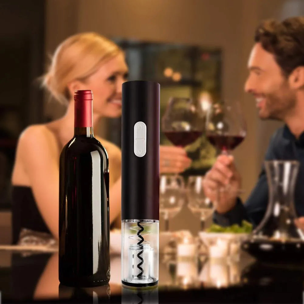 Automatic electric wine bottle opener with foil cutter in red, black, or white colour options.