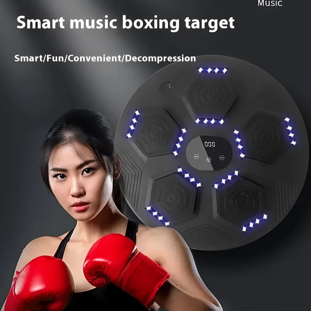 Smart music-reactive boxing punch target mounted on a wall, shown in orange with matching gloves.