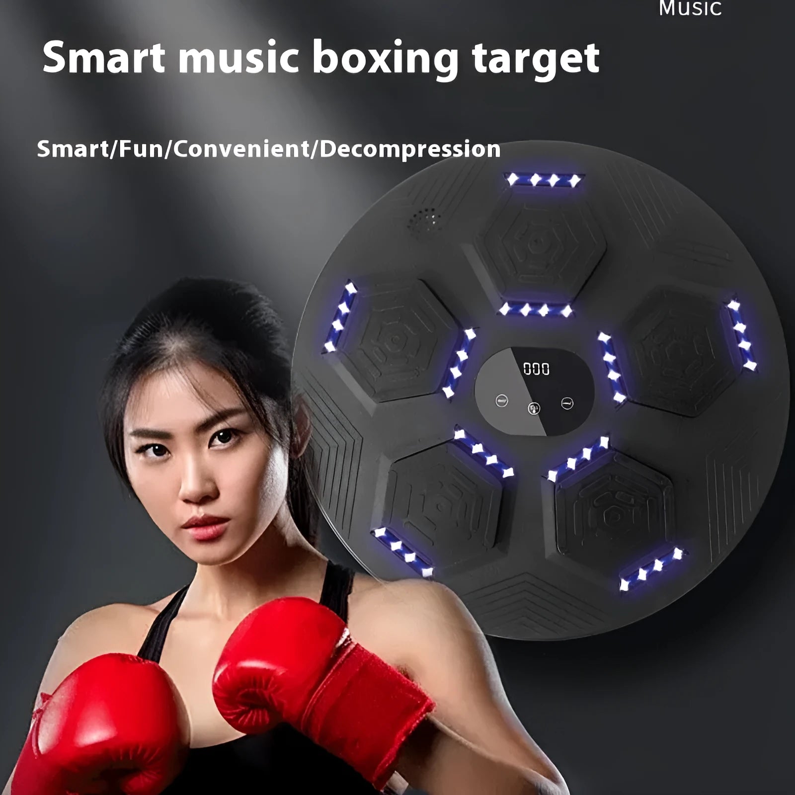 Smart music-reactive boxing punch target mounted on a wall, shown in orange with matching gloves.