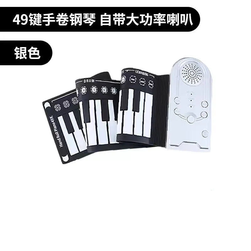 Pearlescent white folding electronic keyboard with 49 silicone keys, shown rolled and unrolled.