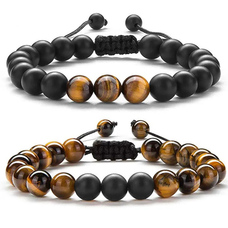 Matte black agate couple bracelets with geometric designs for him and her