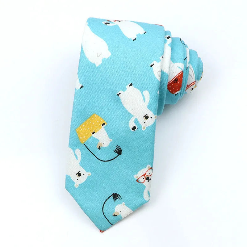 Narrow cotton bow tie with Korean-style cartoon patterns in multiple colour options