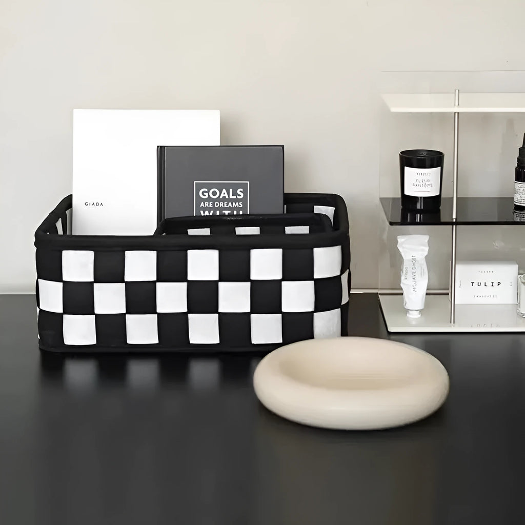 Grey and white checkerboard woven felt storage basket with folded sides, showing dimensions of 37cm by 29cm.