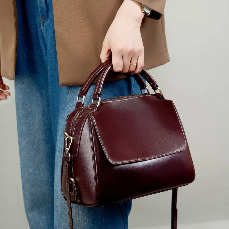 Women's genuine leather crossbody tote bag in cross square design with double straps and multiple compartments