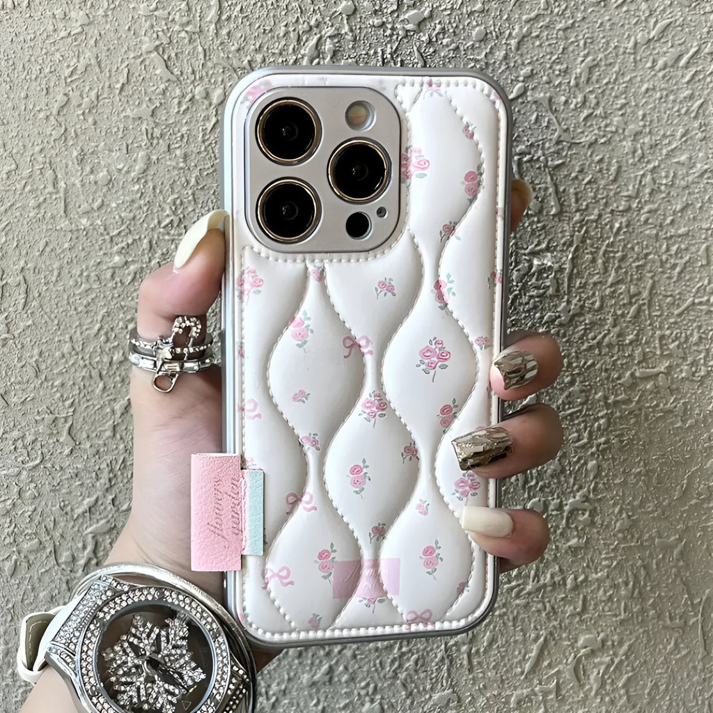 Creative down jacket small floral leather phone case with embossed design for iPhone showing purple background
