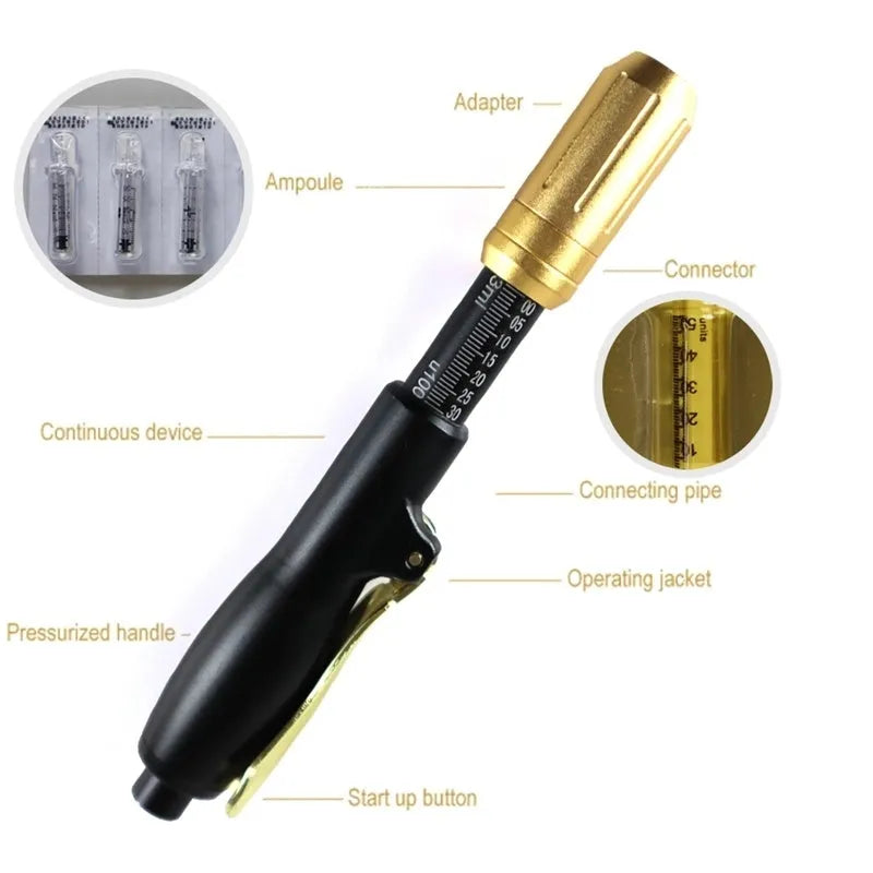 Black needle-free hyaluronic acid pen 16.5cm x 3cm with 0.01ml resolution for mesotherapy skin hydration