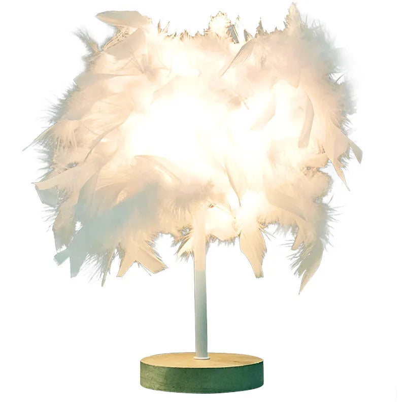 LED feather table lamp with wooden art base, USB cable, and about 26cm by 100mm size