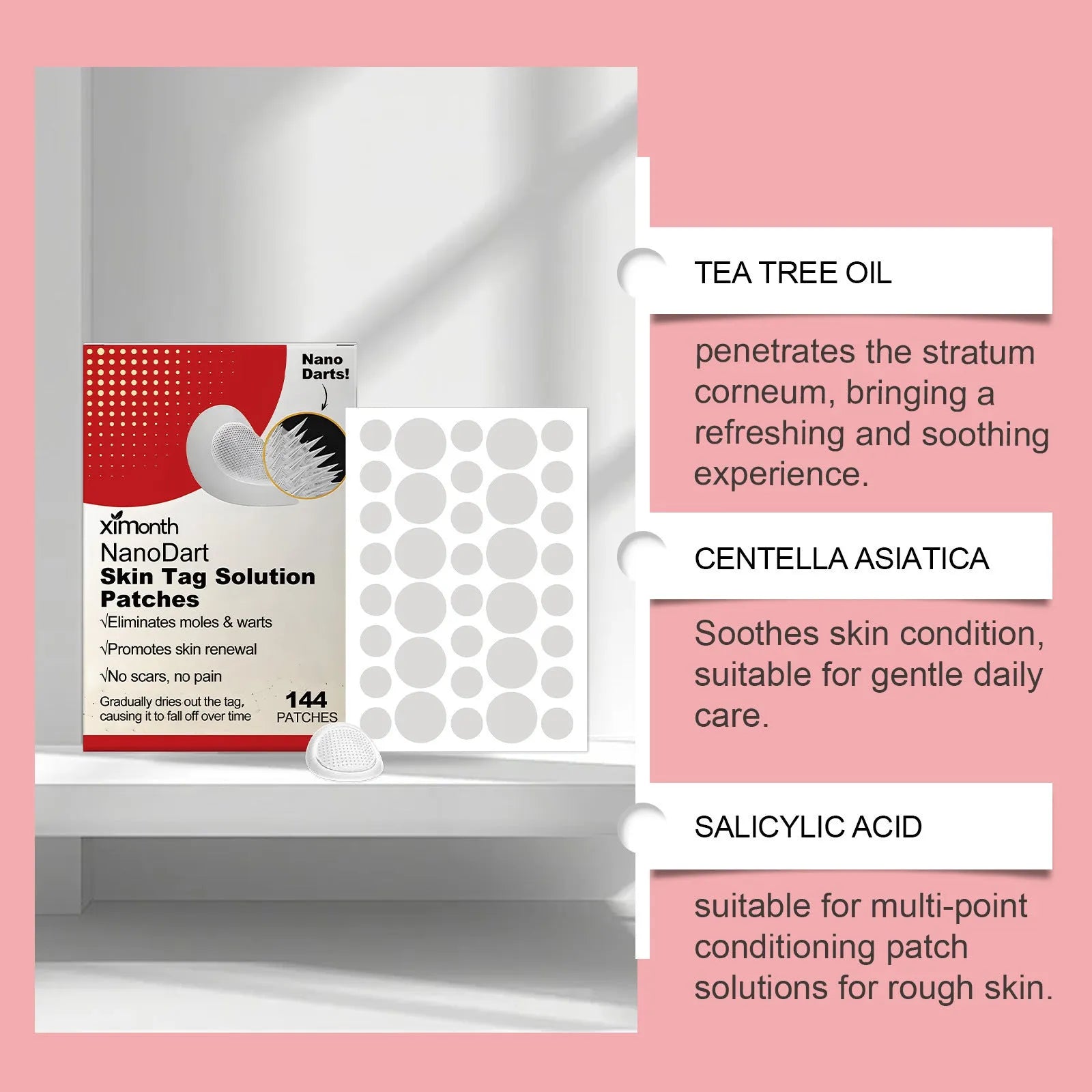 Skin wart invisible repair patches with tea tree oil and Centella asiatica in packaging