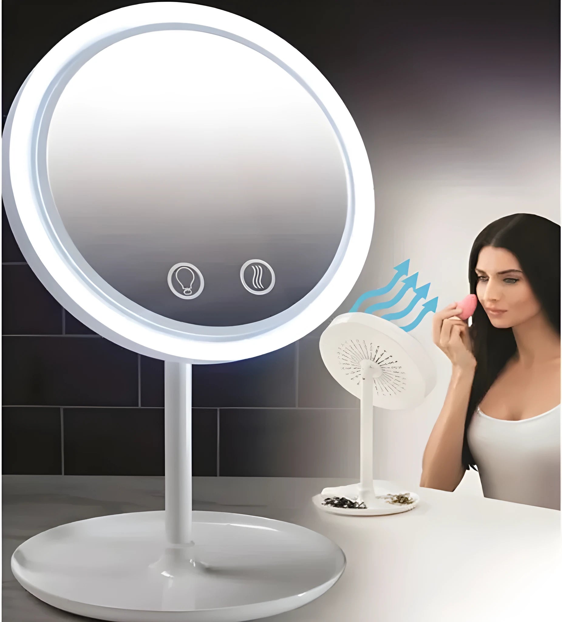 White ABS folding fan LED light makeup mirror with rotating table and five-fold design