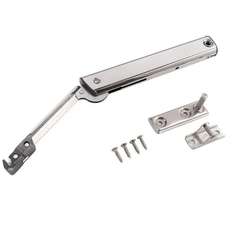 Cold rolled steel cabinet door support rod with spring mechanism for flap-up doors.