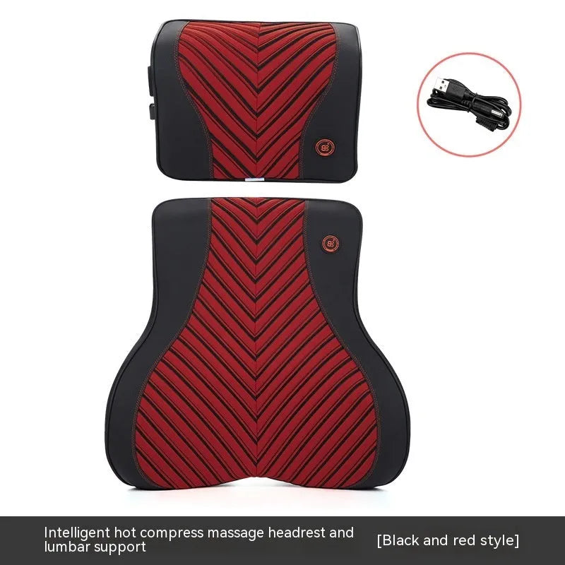Black and red electric car massage headrest and lumbar support cushion with leather mesh fabric.