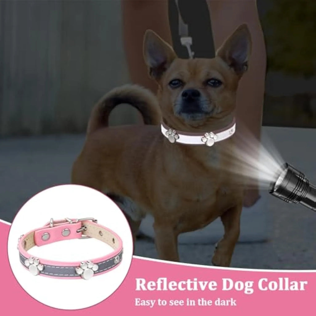 Reflective adjustable leather dog collar for small medium large dogs with cute paw rivet and metal buckle.