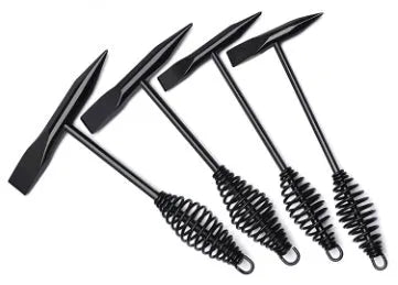 Welding slag hammer with a spring steel handle and a high carbon steel head, shown with weight options.