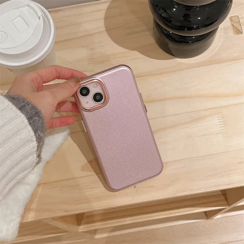 Imitation leather phone case for iPhone 15 Pro Max in solid black colour with embossed texture and protective edge