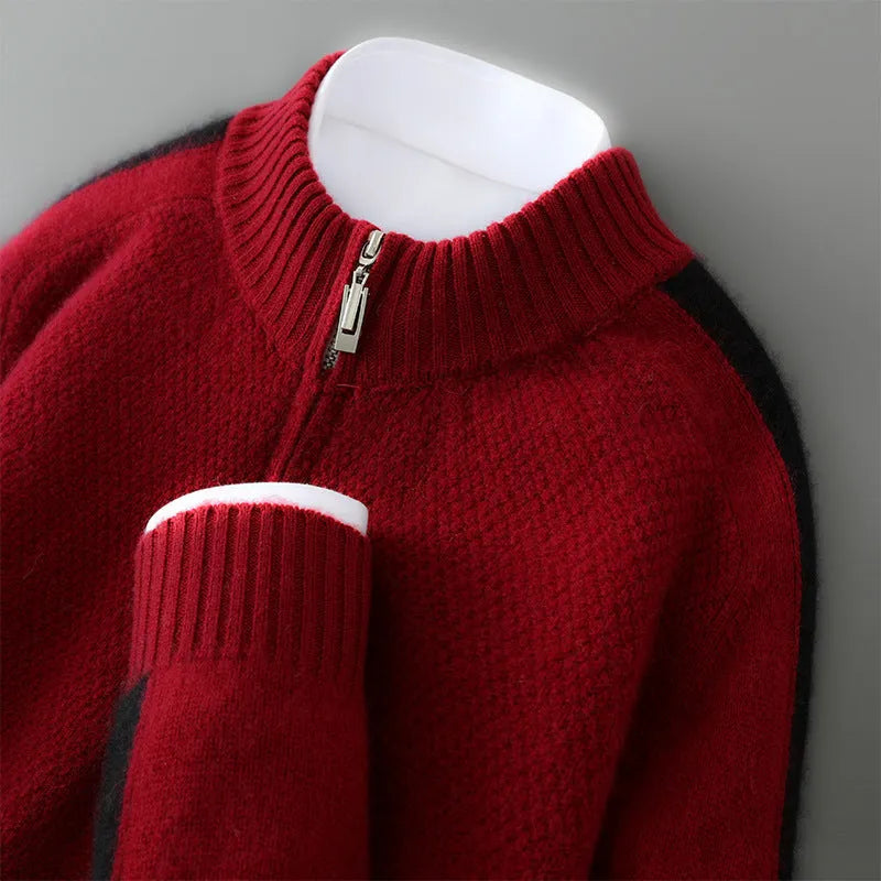 Slim fit sheep wool knitted sweater with half zip and round neck in camel colour