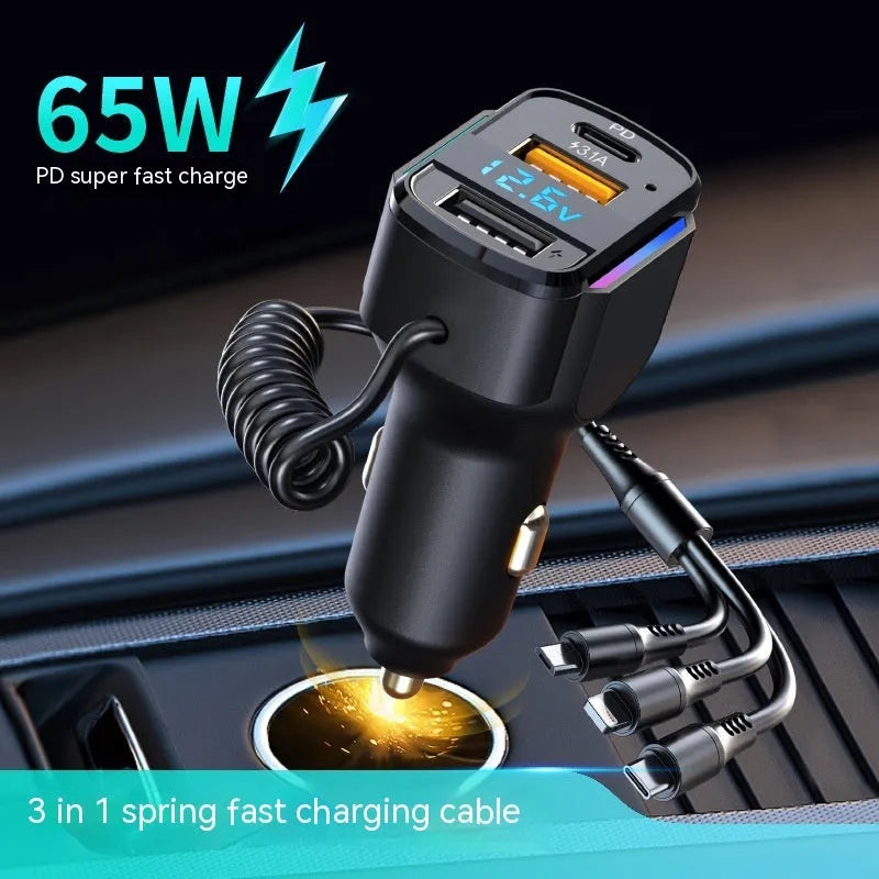 Car 3-in-1 spring wire fast charge mobile phone charging plug black K4
