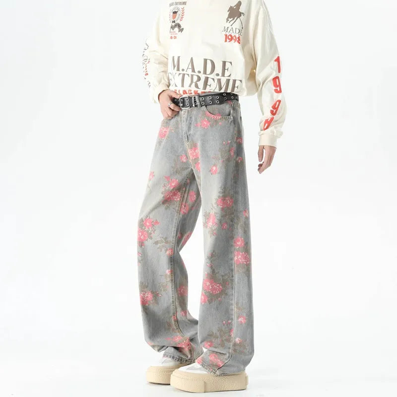 Men's blue peony jacquard washed loose jeans with mid waist and zipper fly